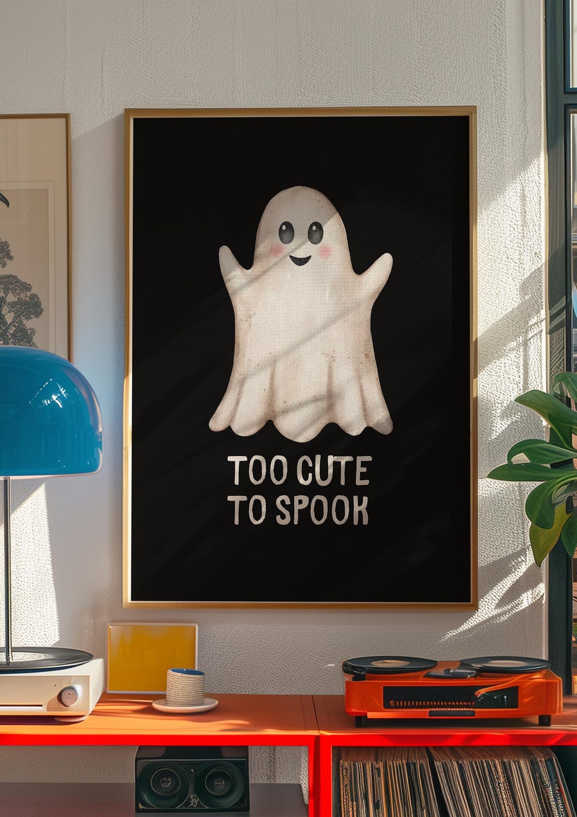 Too Cute to Spook Smiling Ghost Black Cute Halloween Quote Poster - Image 2