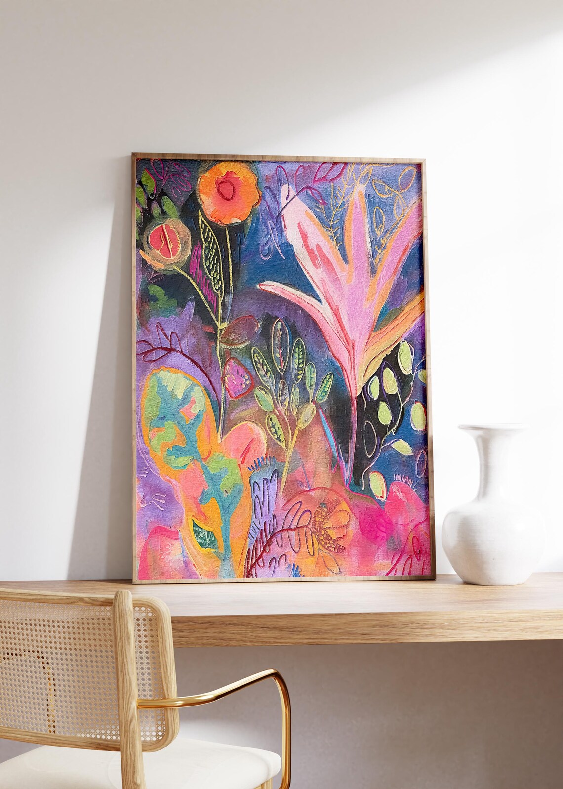 Dark Botanical Abstract Painting Poster with Orange Poppies on Navy - Image 3