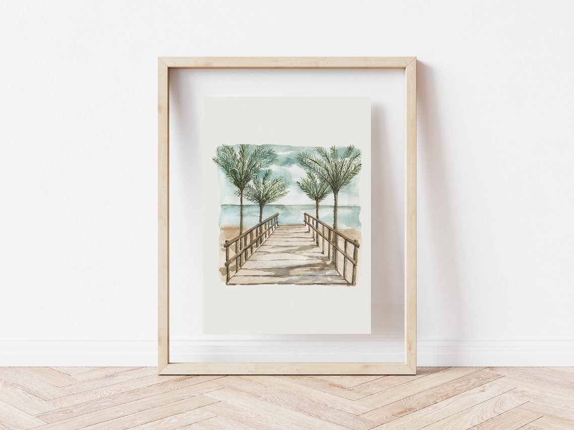 Neutral Palm Tree Boardwalk Beach Watercolor Coastal Minimalist Poster - Image 4