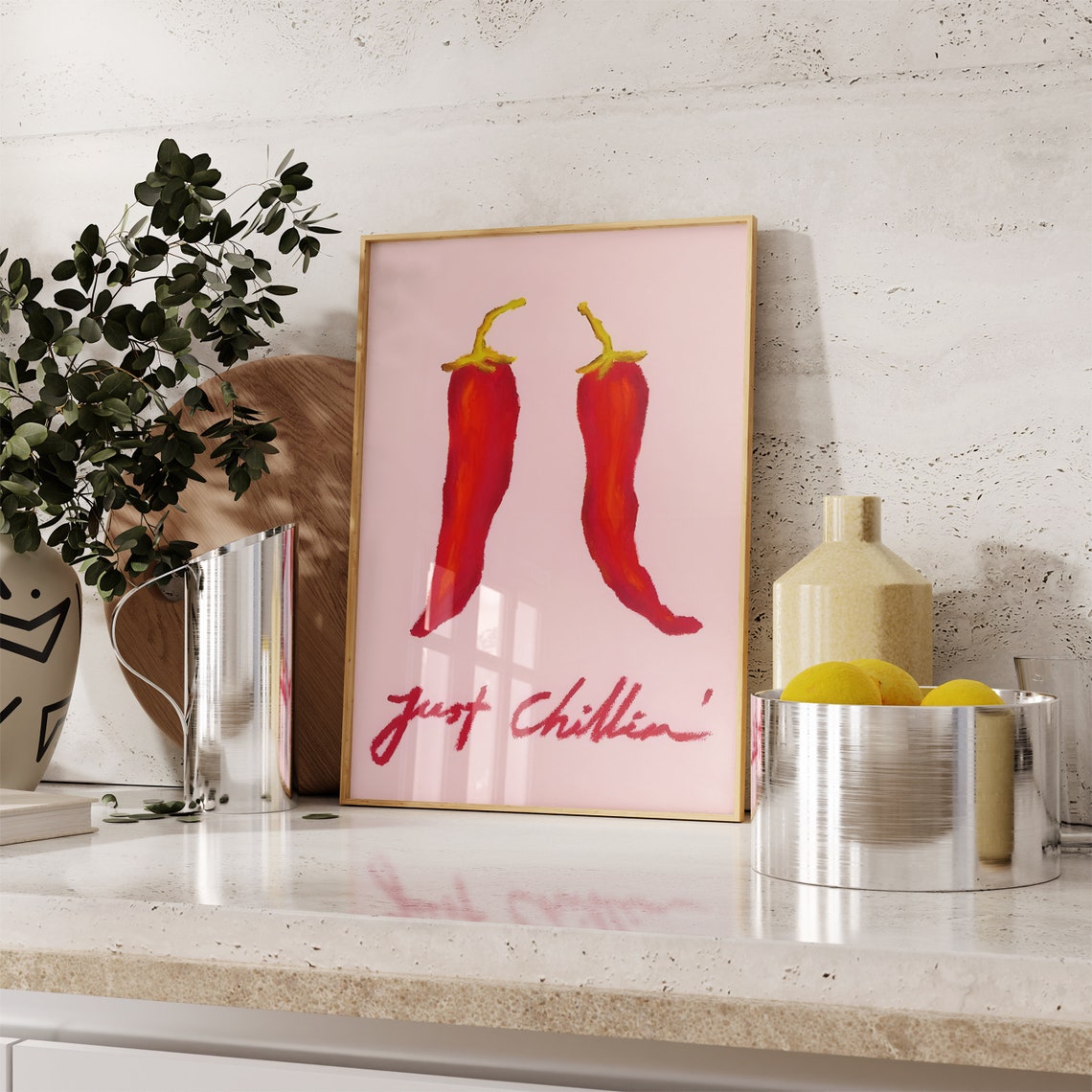 Just Chillin' Chili Peppers Pink Retro Trendy Kitchen Wall Art - Image 2