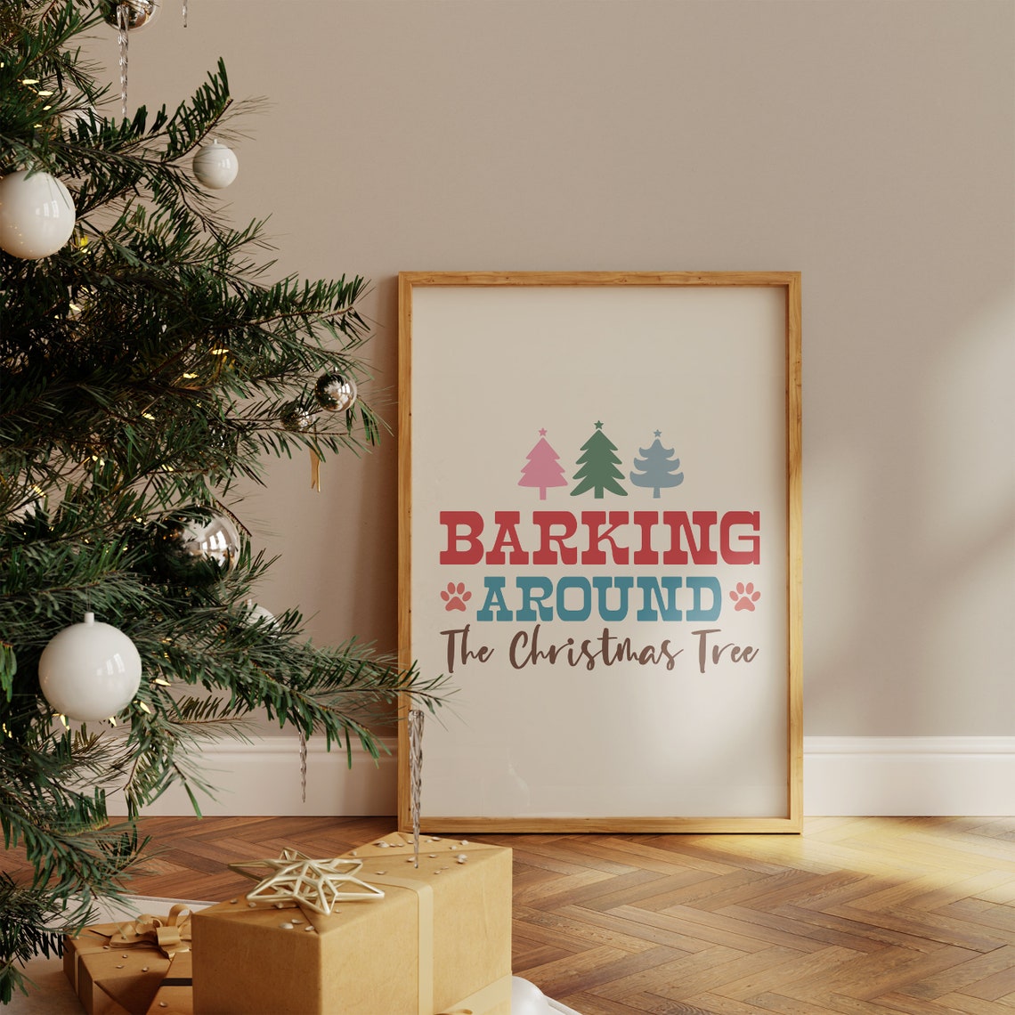 Barking Around The Christmas Tree Fun Dog Pun Typography Poster - Image 4
