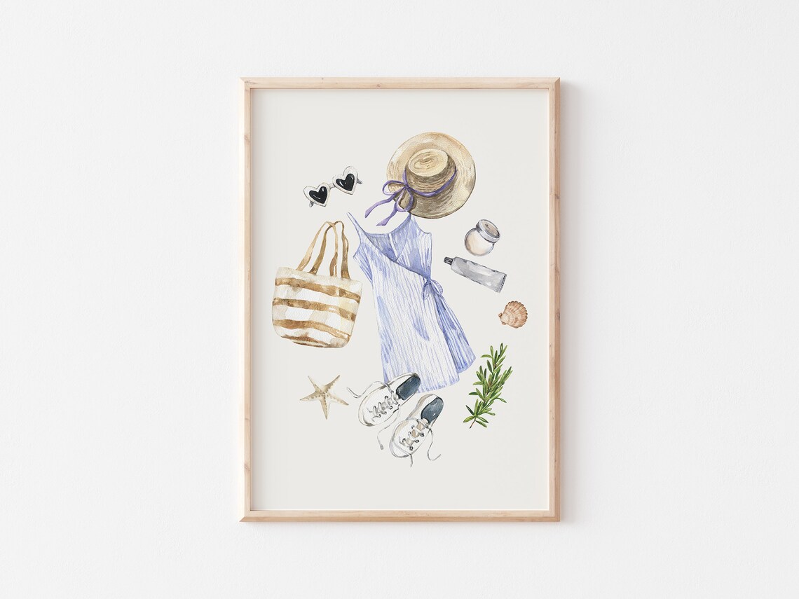 Girl Summer Outfit Flat Lay Blue Sundress Straw Hat Watercolor Poster - Image 5