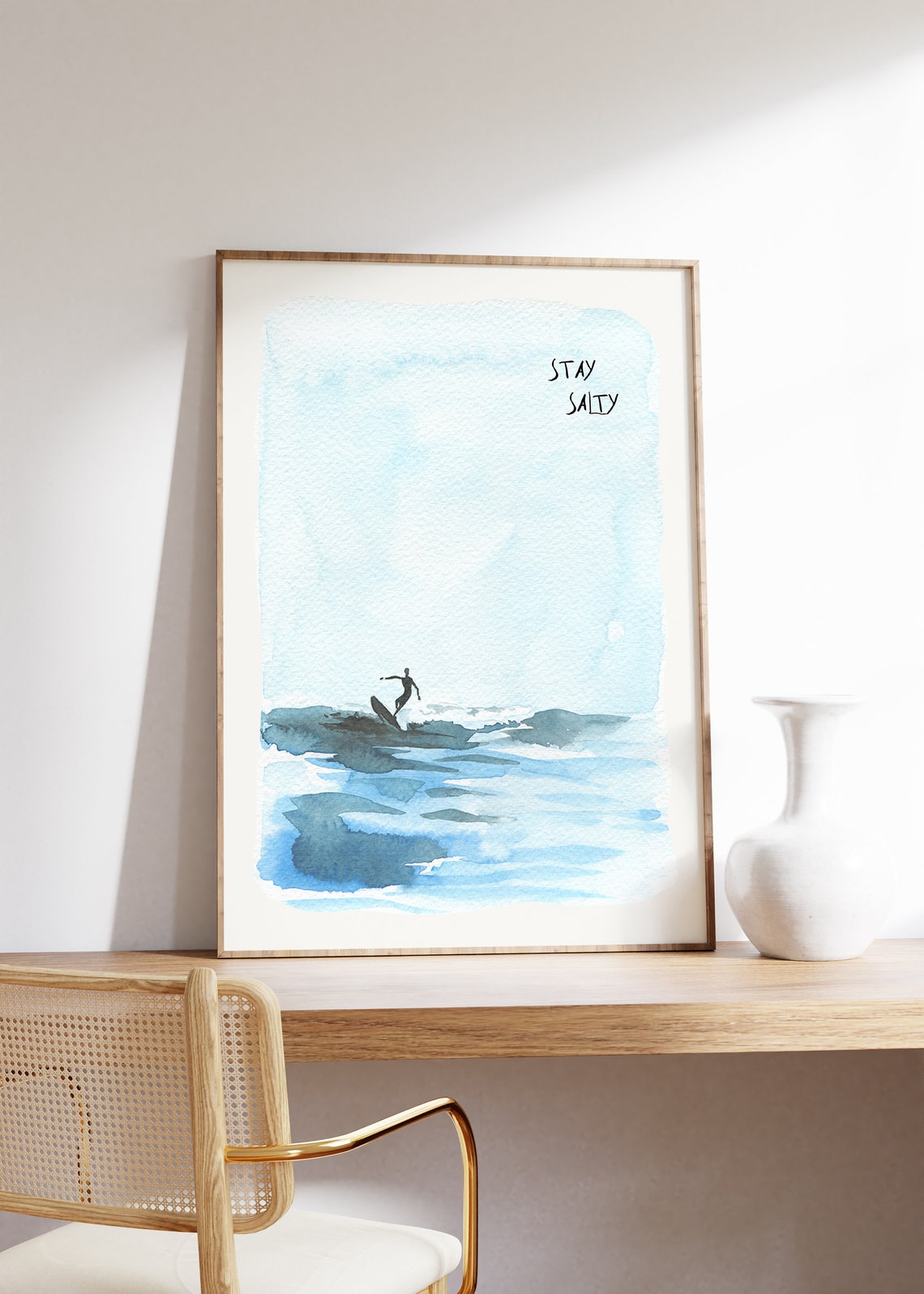 Stay Salty Surfer Silhouette Riding Ocean Wave Watercolor Poster - Image 4