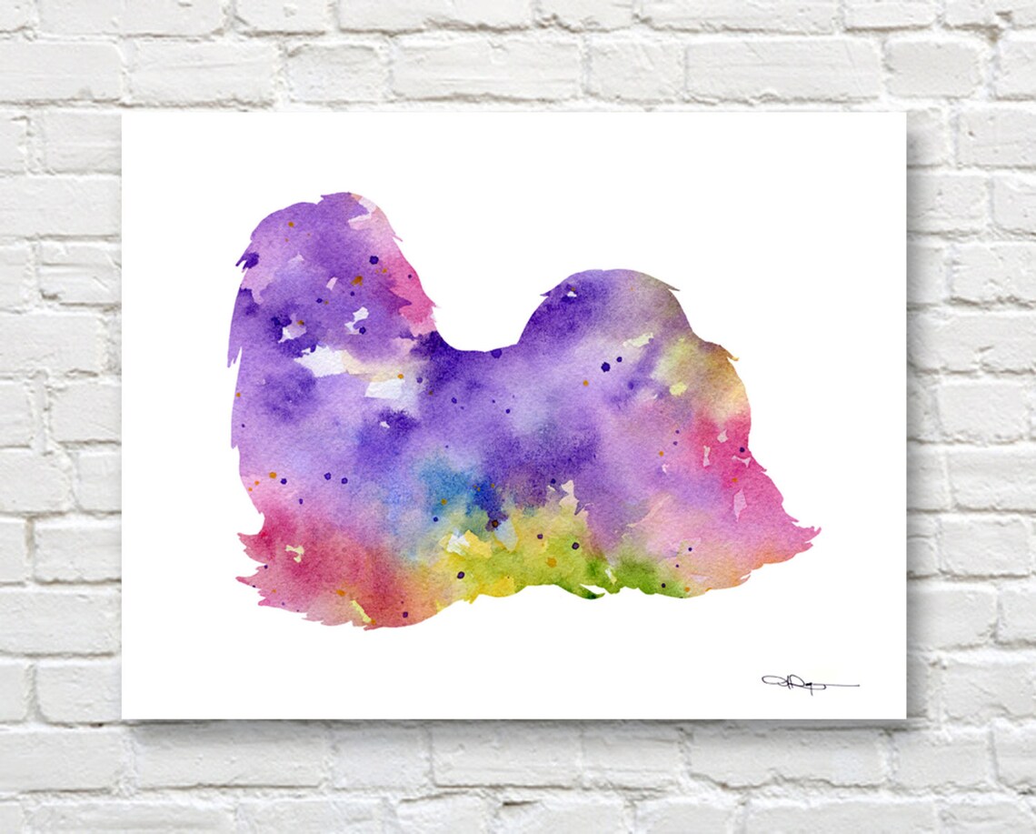 Purple Rainbow Watercolor Shih Tzu Fluffy Dog Lying Down Art Print