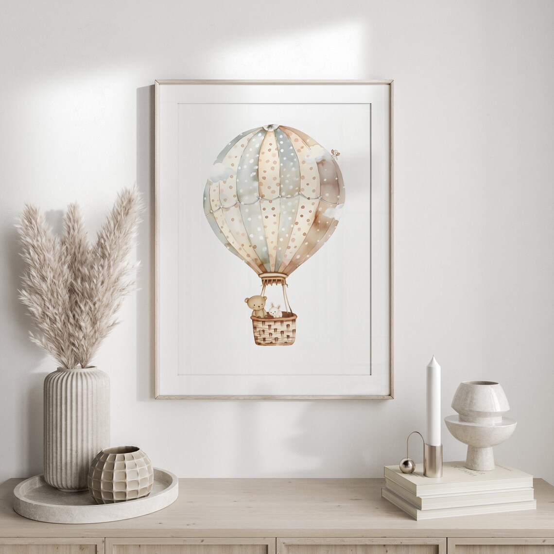 Watercolor Hot Air Balloon with Teddy Bear Bunny Nursery Poster - Image 2