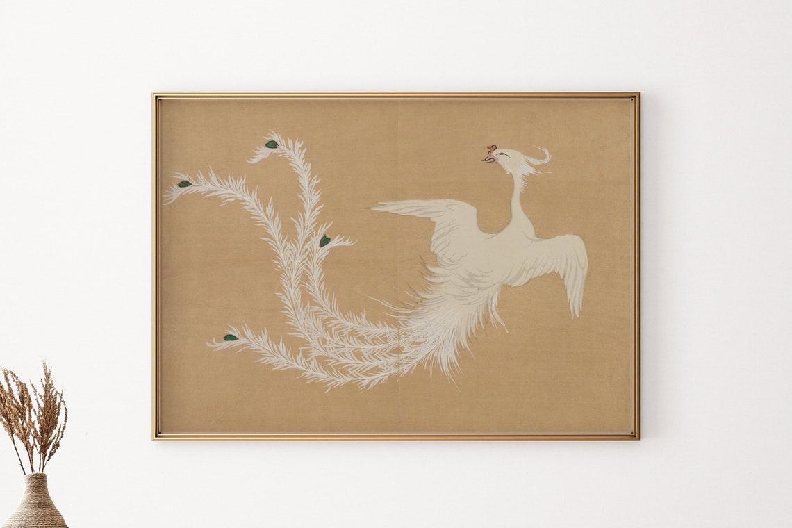 Elegant White Phoenix Asian Style Bird Illustration Wall Decor Poster