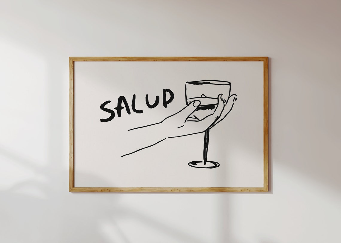Salud Hand Holding Wine Glass Minimalist Bar Cart Decor Poster - Image 2