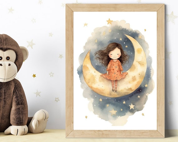 Dreamy Nursery Wall Art Watercolor Girl On The Moon Starry Sky Illustration Night Decoration For Babys Room Childrens Poster