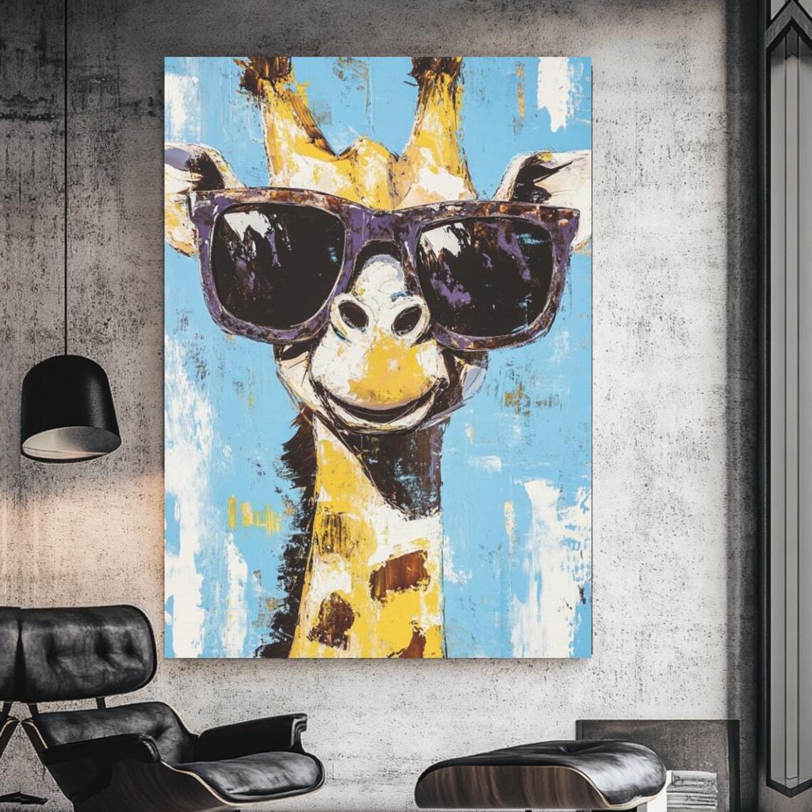 Funny Giraffe Sunglasses Painting Playful Cool Animal Wall Art