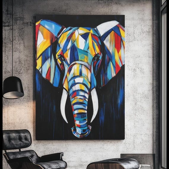 Colorful Elephant Wall Art Abstract Geometric Canvas Safari Animal Print Modern Luxury Living Room Decor Gift For Him Her
