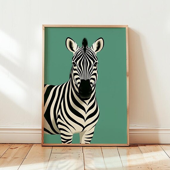 Zebra Safari Art Print Vintage Green Maximalist Decor