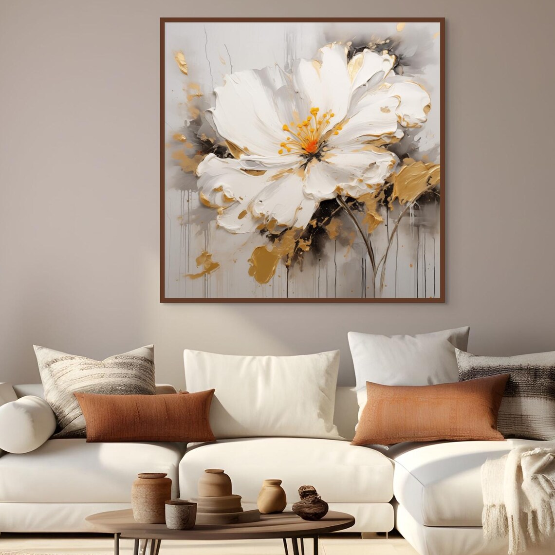 Modern White Floral Impasto Abstract Flower Poster in Neutral Tones