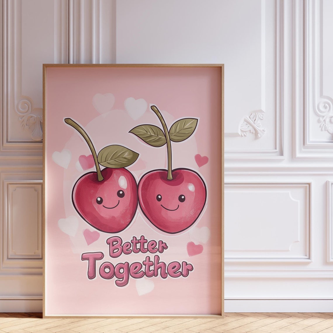 Better Together Smiling Cherries Pink Hearts Cute Kitchen Wall Art