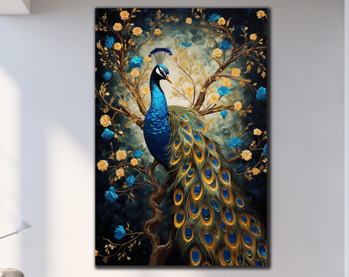 Blue Peacock Golden Feathers Blossoms Dark Painting Animal Wall Print