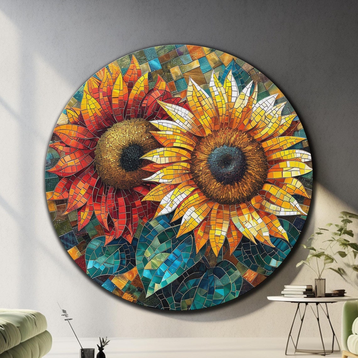 Sunflower Mosaic Round Two Flowers Yellow Orange Glass Wall Art Poster