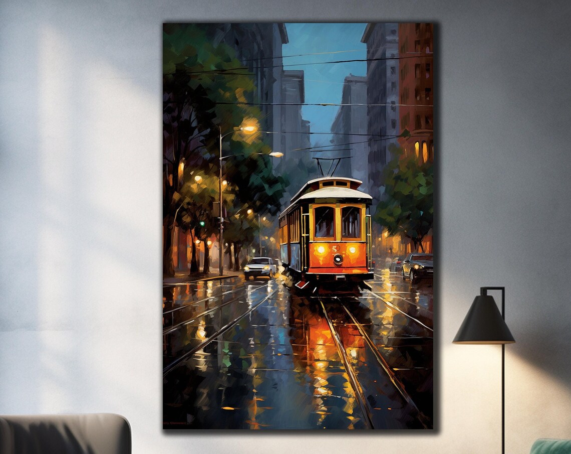 San Francisco Cable Car Rainy Night Street Oil Painting Travel Poster