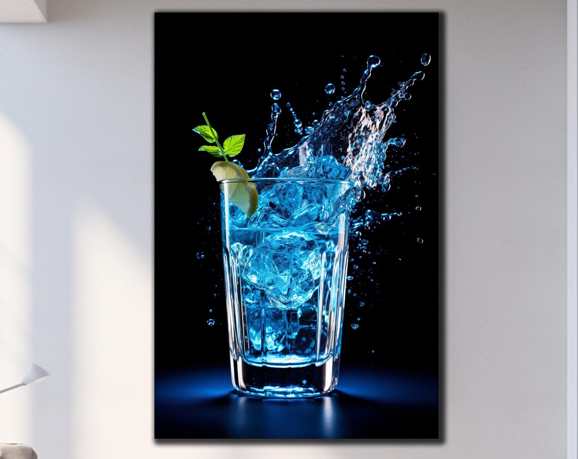 Blue Cocktail Splash Tall Glass Black Background Bar Drink Art Poster
