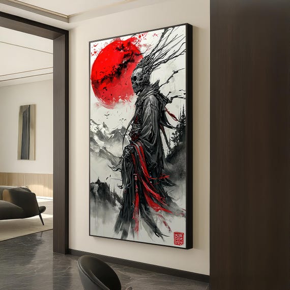 Cyber Samurai Skull Art Print Red Moon Warrior Canvas Japanese Dark Fantasy Wall Decor Futuristic Poster