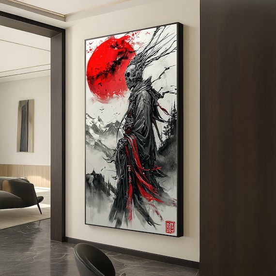 Cyber Samurai Skull Red Moon Japanese Ink Dark Fantasy Poster