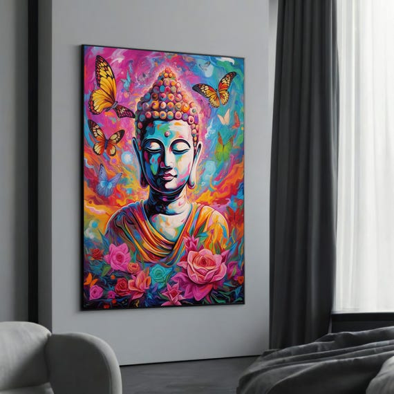 Vibrant Buddha With Butterflies Canvas Art Colorful Zen Wall Decor Spiritual Meditation Artwork Boho Home Ready To Hang