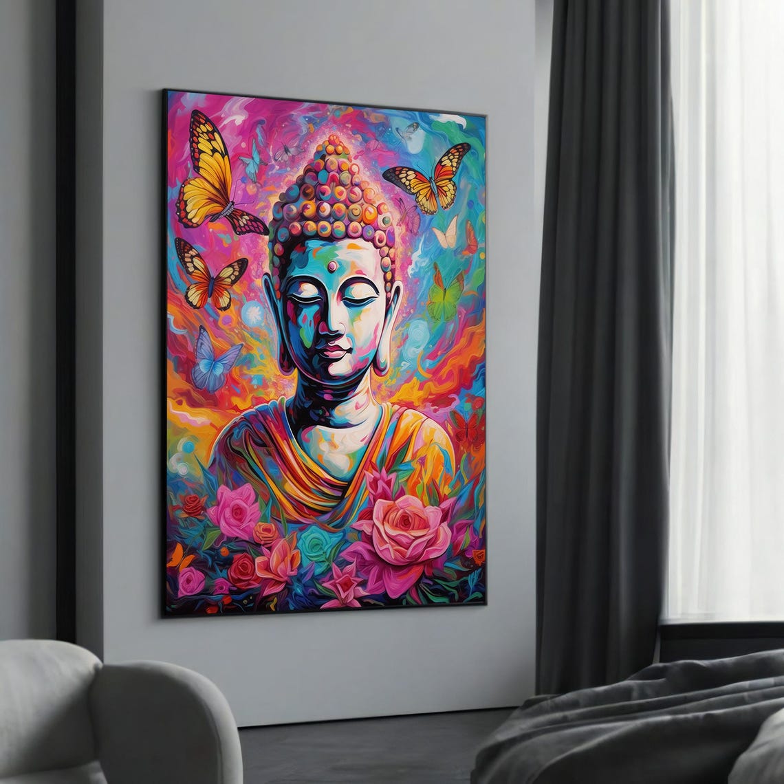 Vibrant Rainbow Buddha with Butterflies and Roses Joyful Poster