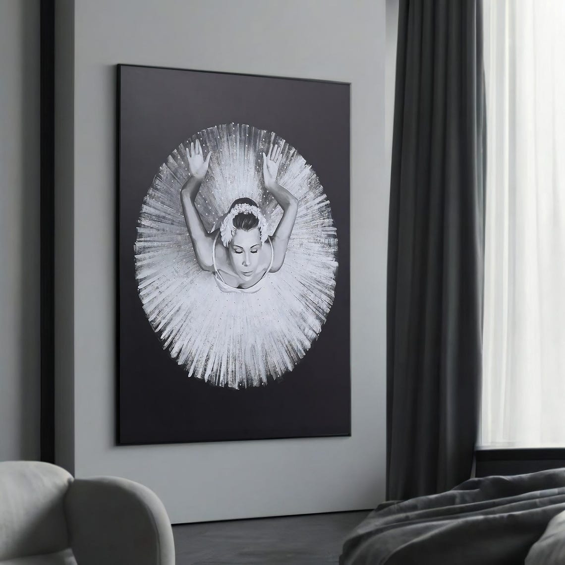 Black and White Ballerina in White Tutu Arms Raised Ballet Poster