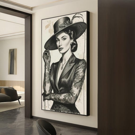 Elegant Vintage Woman Portrait Canvas Retro Fashion Wall Art Lace Gloves And Hat Classic Black White Decoration Timeless