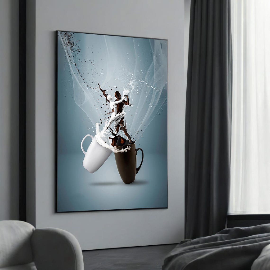 Coffee Splash Dancers Pouring from Two Cups Surreal Kitchen Poster