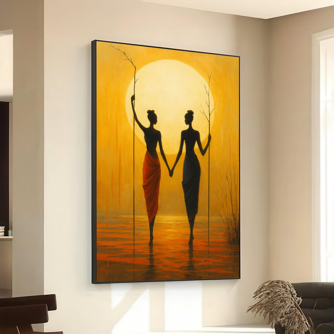 Two Women Silhouettes Holding Hands Sunset African Art Poster