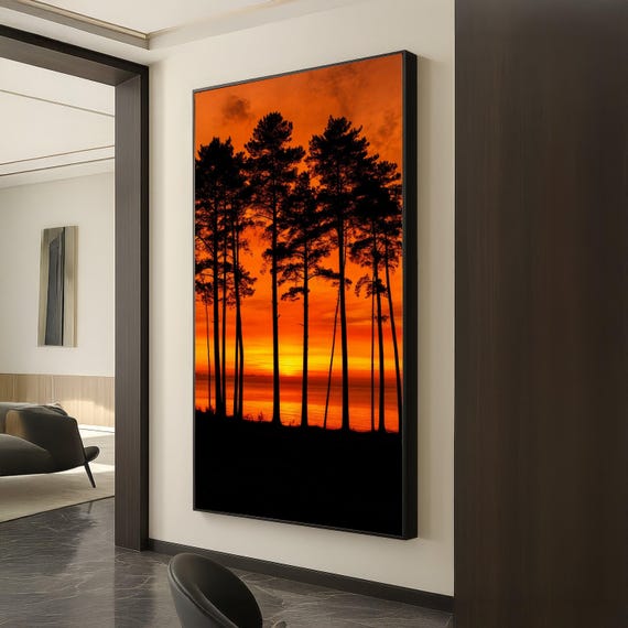 Majestic Pine Trees Silhouette At Fiery Sunset Canvas Vibrant Orange Sky Wall Art Nature Landscape Decor Tranquil Forest View