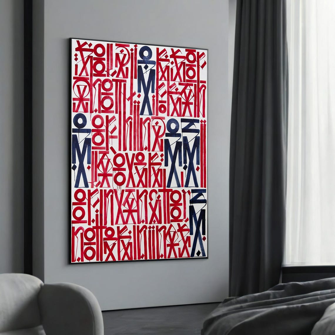 Abstract Red Blue And White Calligraphy Pattern Graphic Art Poster
