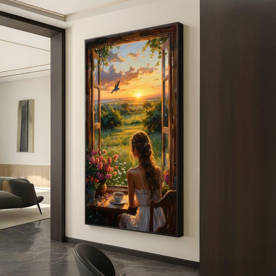 Serene Sunrise View Open Window Canvas Woman With Coffee Floral Home Decor Countryside Landscape Wall Art Relaxing Morning Scene