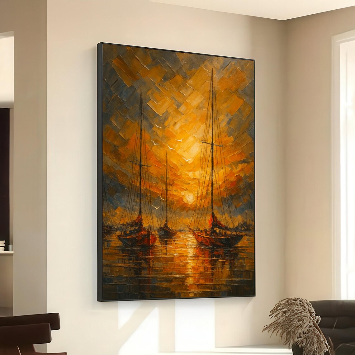 Sunset Sailboats Golden Mosaic Sky Impressionist Nautical Art Poster