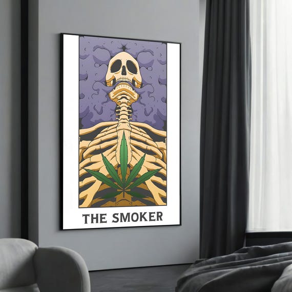 Bold Skeleton And Cannabis Leaf Graffiti Canvas Painting Edgy Street Art Wall Decor For Smokers Enthusiasts