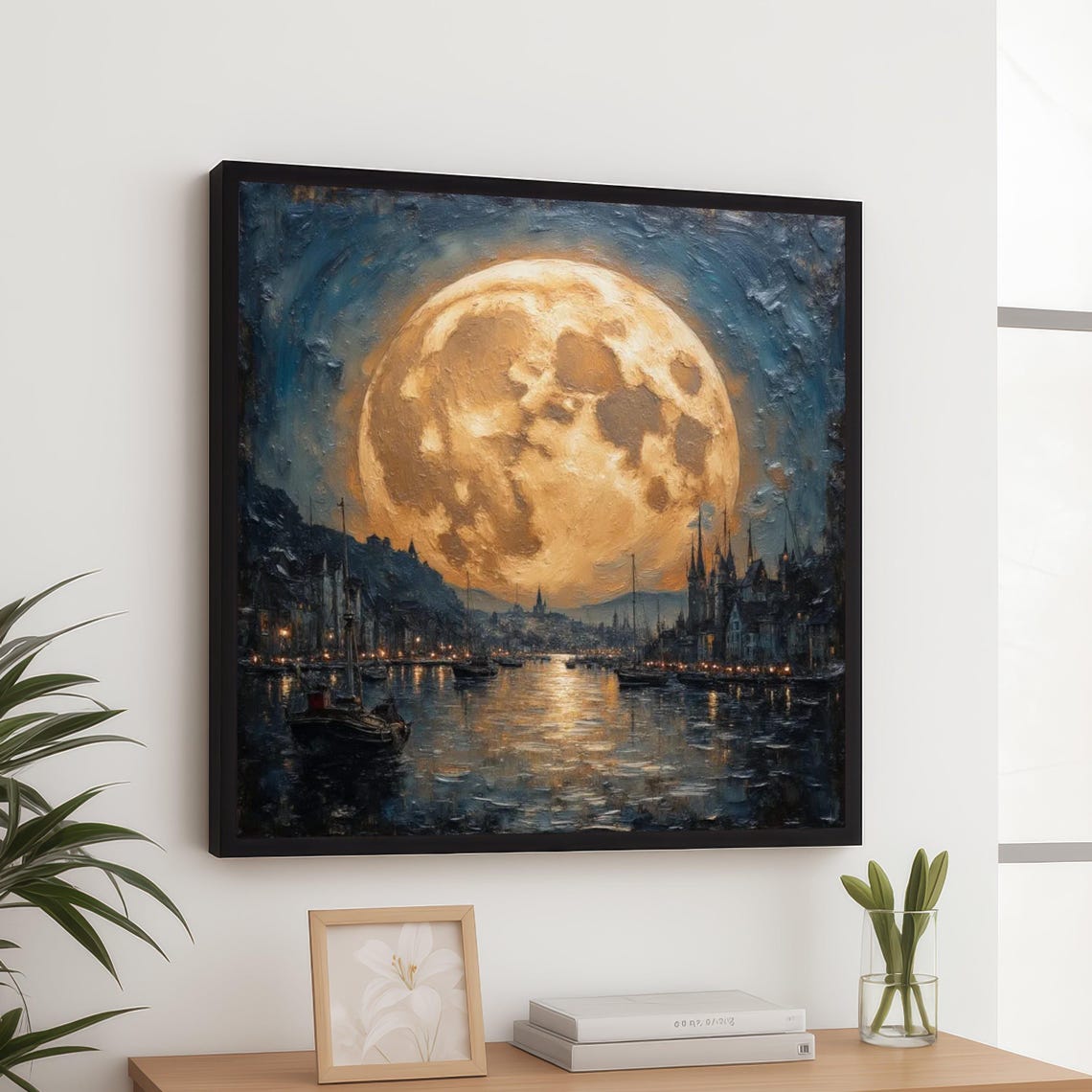 Giant Golden Full Moon Nighttime Harbor Cityscape Night Art Poster