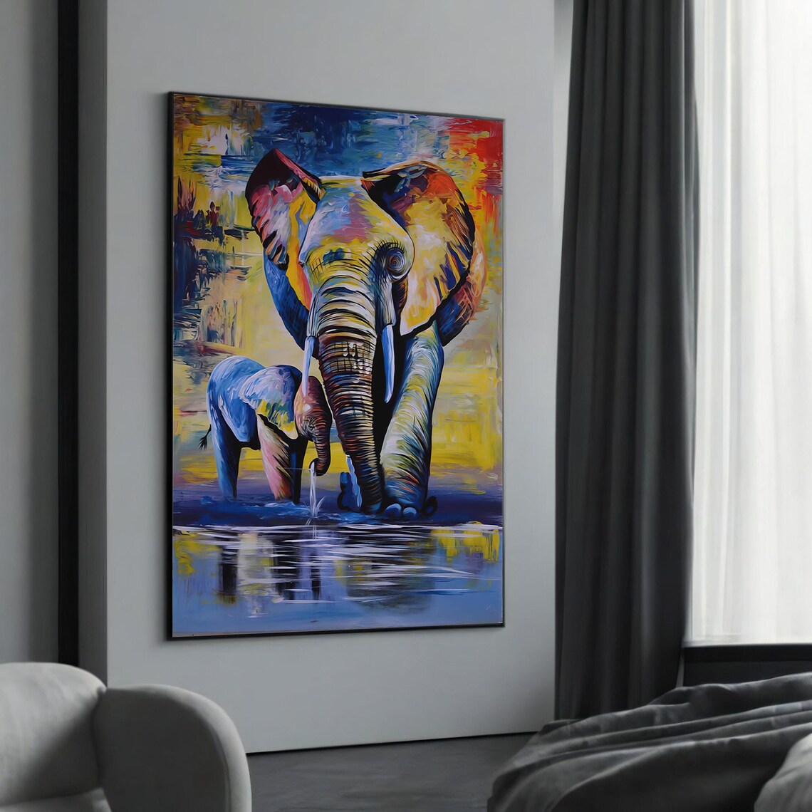 Mother and Baby Elephant Colorful Abstract Safari Art Poster