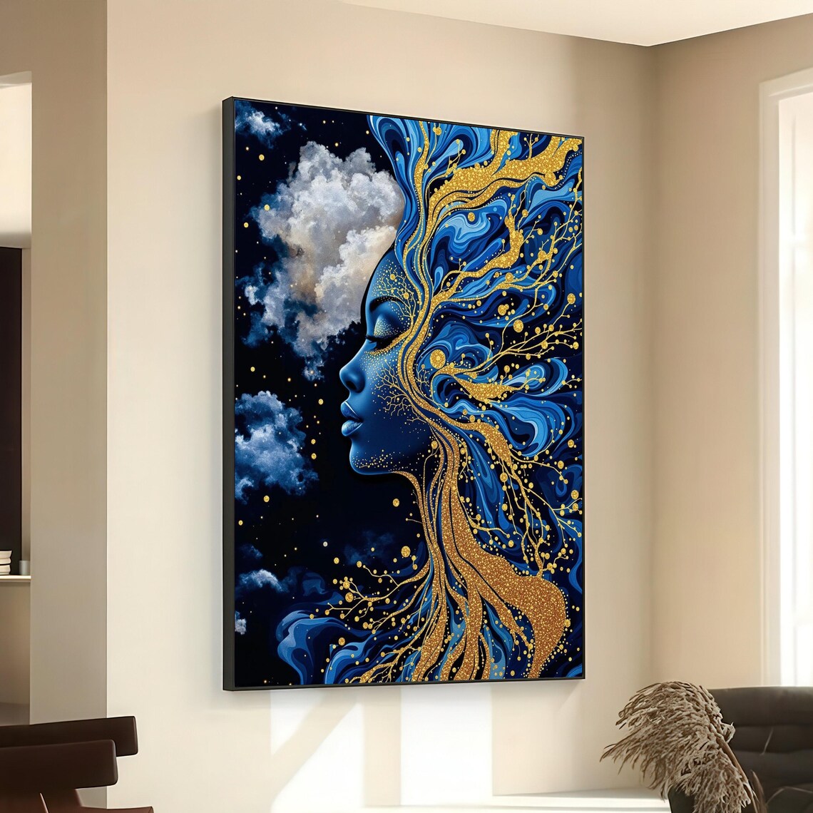 Mystical Woman Profile Blue Gold Cosmic Hair Starry Night Art Poster