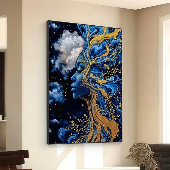 Mystical Woman Profile Canvas Blue And Gold Abstract Art Cosmic Female Silhouette Wall Modern Home Decor Ready To Hang