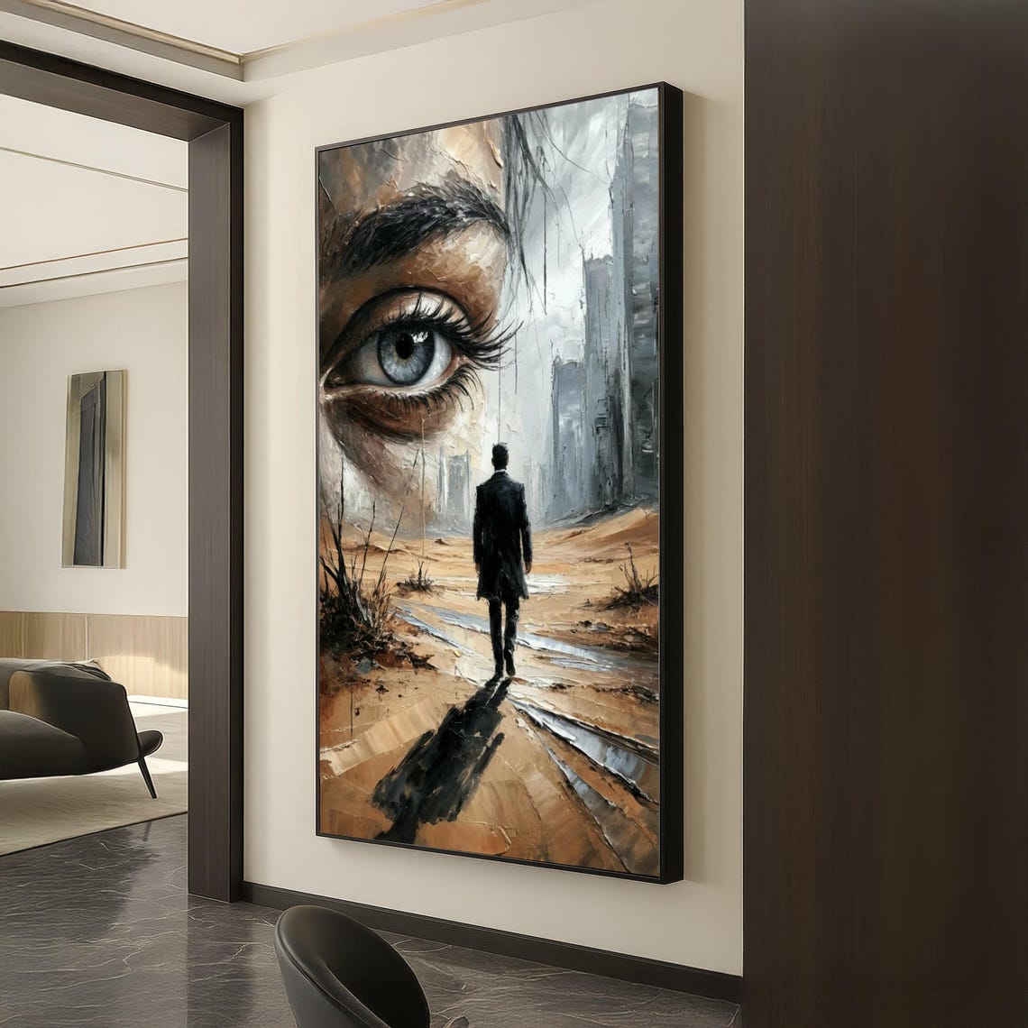 Surreal Giant Eye Desert Walker Distant City Painted Dreamscape Poster