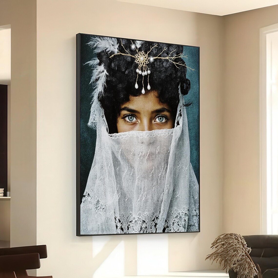 Veiled Woman Lace Pearl Feather Headdress Ethnic Beauty Portrait Poster