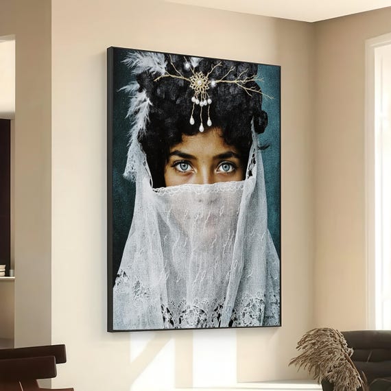 Mysterious Woman Portrait Canvas Ethnic Beauty Wall Art Lace Veil Decoration Intriguing Eyes Elegant Home Print