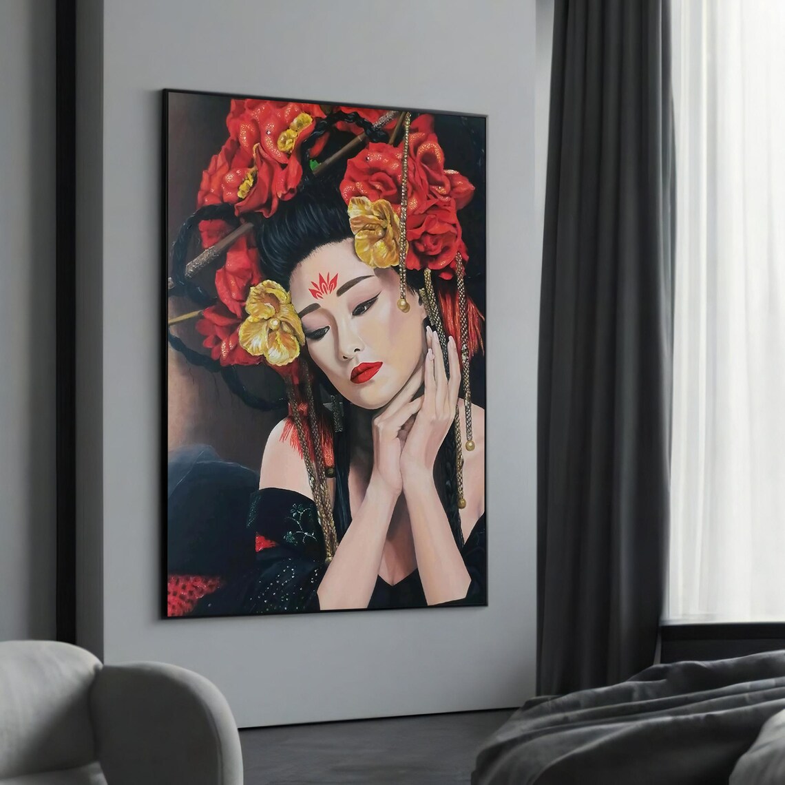 Elegant Geisha With Red And Gold Floral Headpiece Portrait Poster