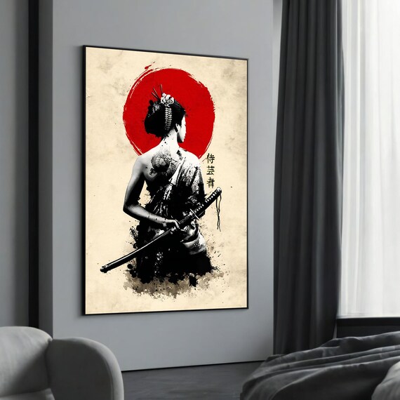 Samurai Woman With Katana And Red Sun Ink Wash Japanese Poster