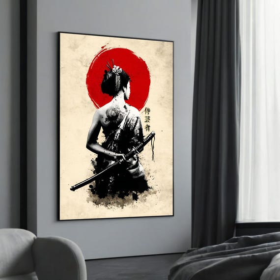 Samurai Woman With Sword And Red Sun Striking Japaneseinspired Canvas Painting Unique Gift For Modern Home Decor