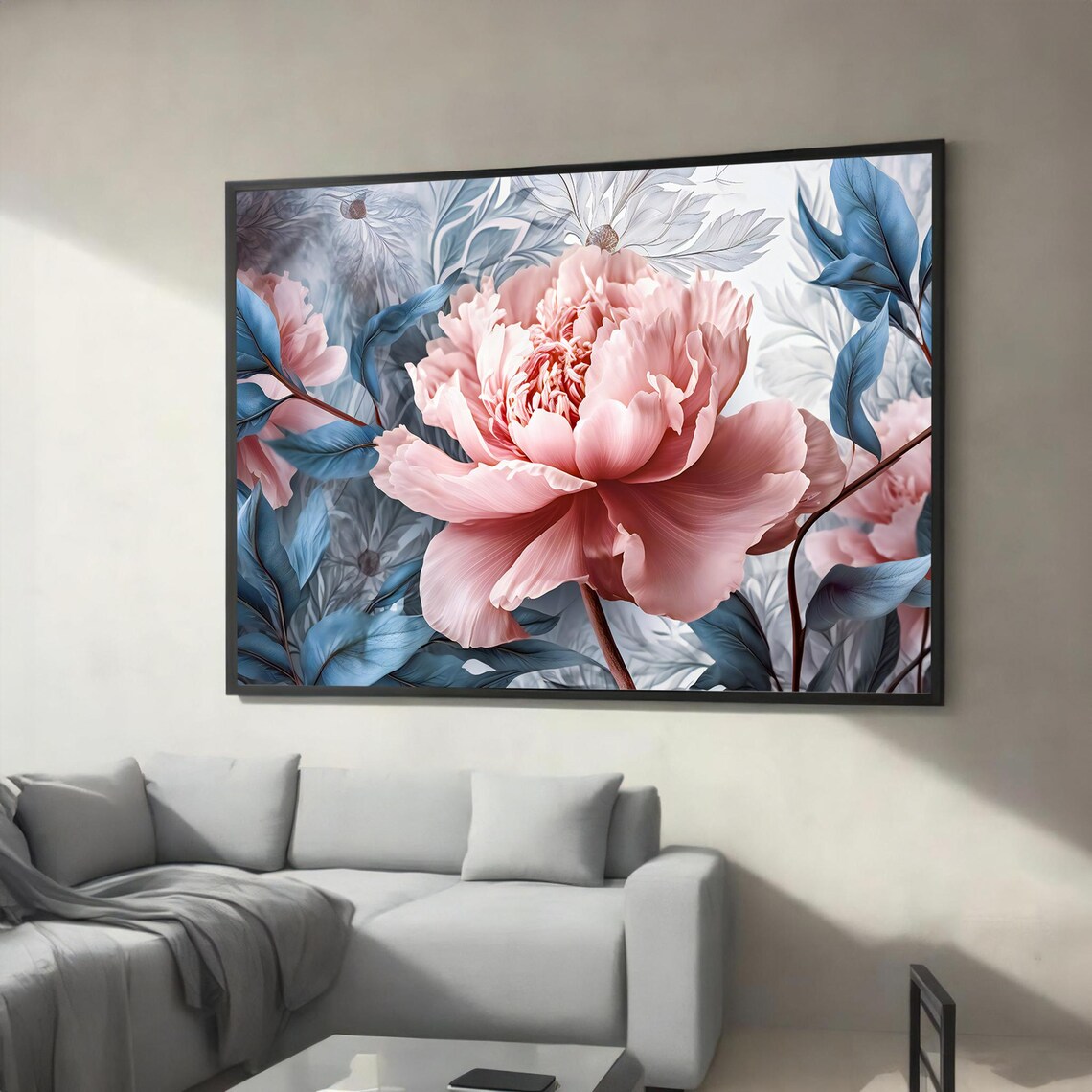 Blush Pink Peony Bloom With Blue Leaves Elegant Floral Art Poster