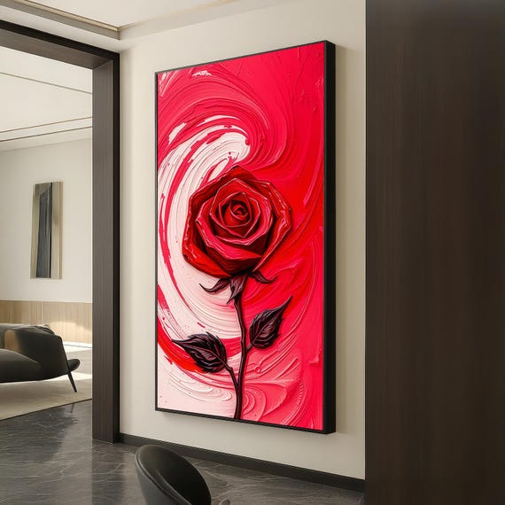 Red Rose Abstract Canvas Wall Art Bold Floral Swirl Painting In And Pink Romantic Modern Botanical Print For Home Decor