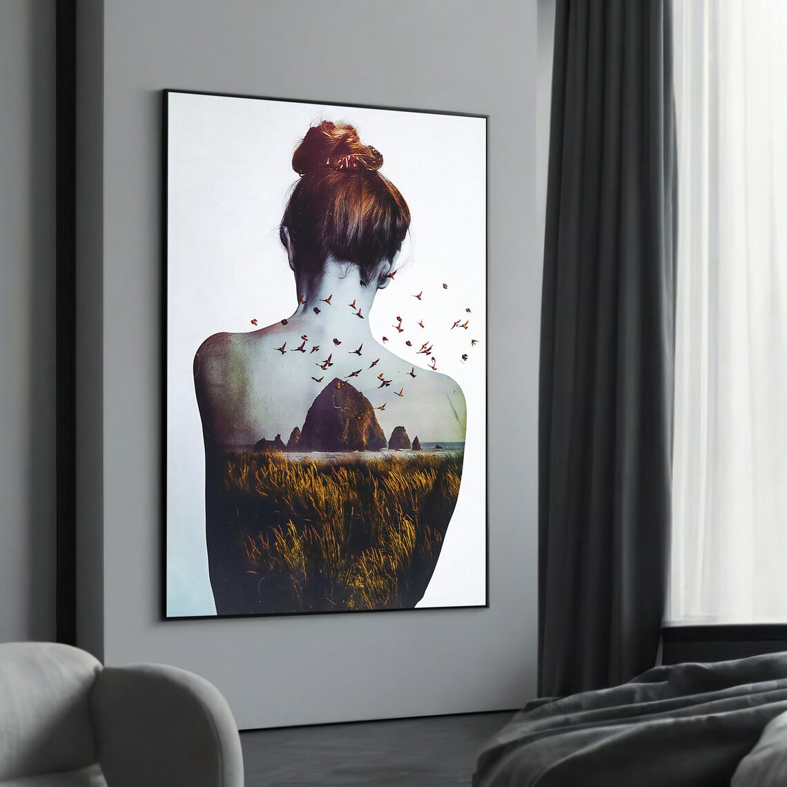 Dreamy Woman Back Coastal Landscape Birds Surreal Art Poster