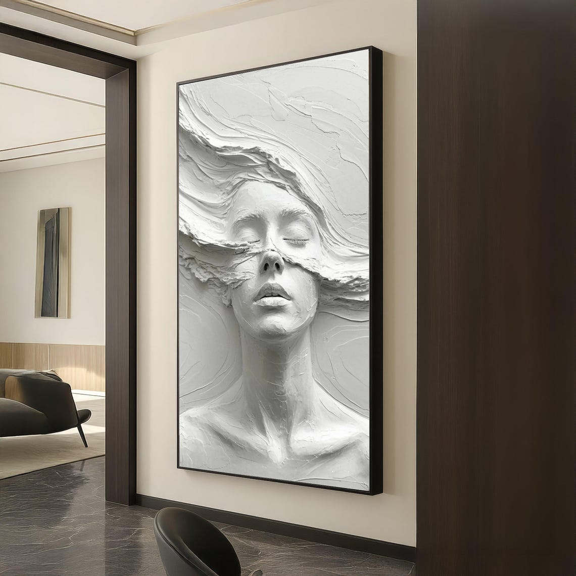 Abstract Woman Face Sculpture Canvas Effect Wall Art Modern White Home Decor Artistic Portrait Ready To Hang Design