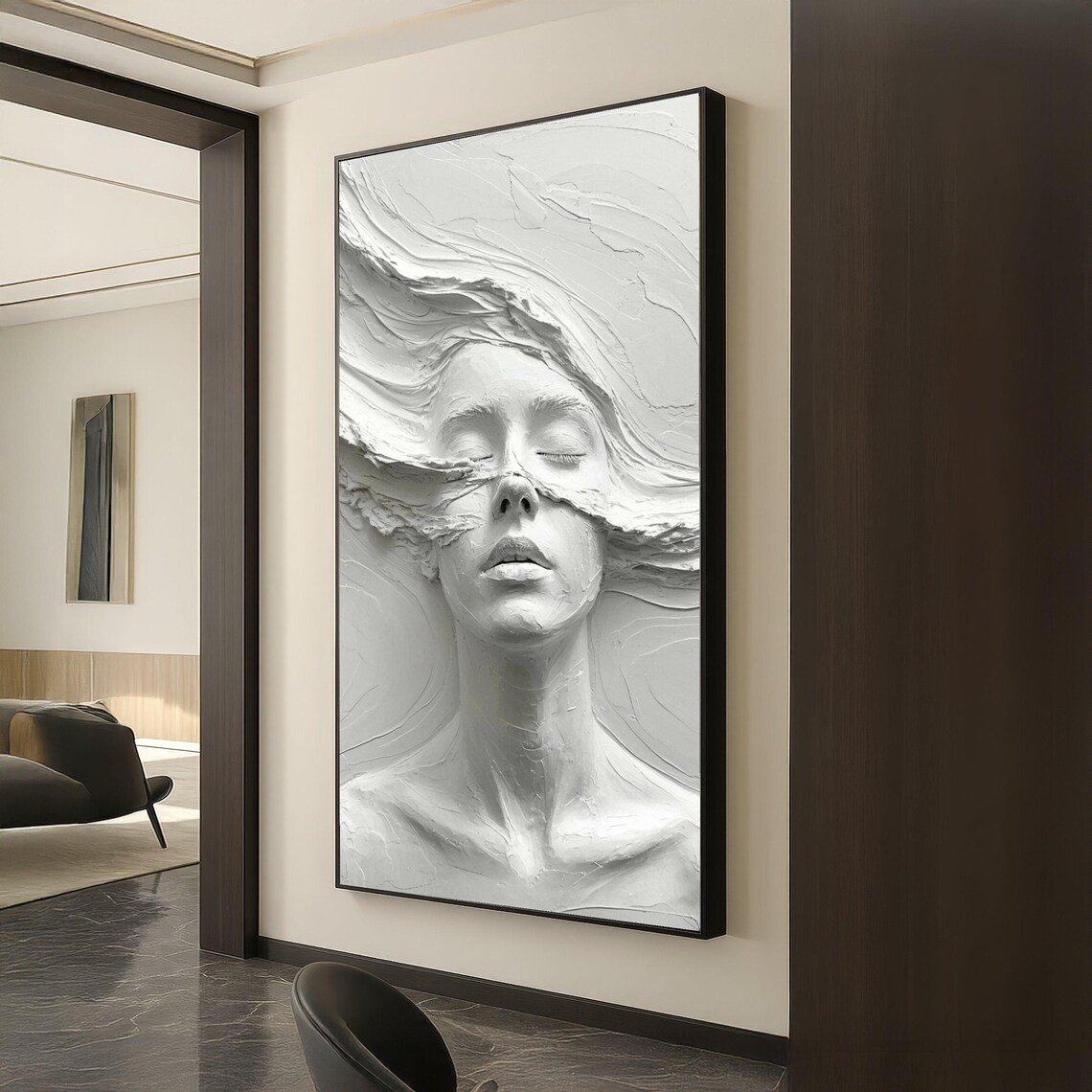 White Plaster Relief Woman Face Minimalist Sculpture Art Poster