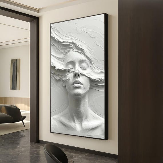 Abstract Woman Face Sculpture Canvas Effect Wall Art Modern White Home Decor Artistic Portrait Ready To Hang Design